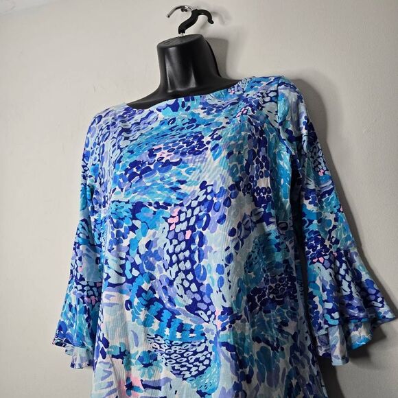 Lilly Pulitzer Shirt Size Small Fontaine Top Turquoise Oasis Wave After Wave 3/4 - Picture 3 of 6